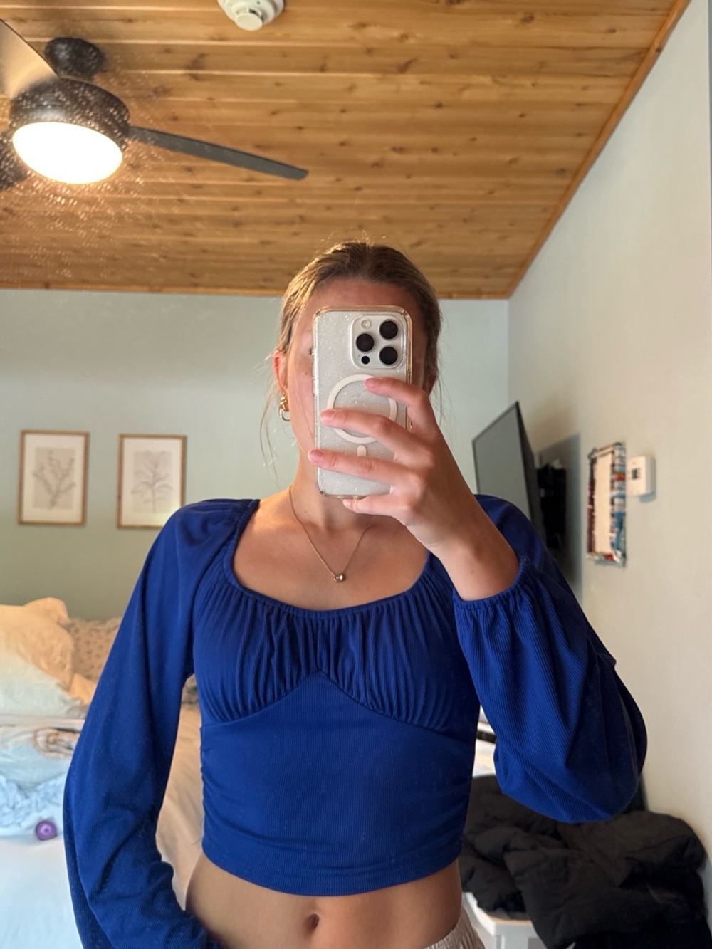 Amazon Royal Blue Long-Sleeve Square Neck Crop Top
